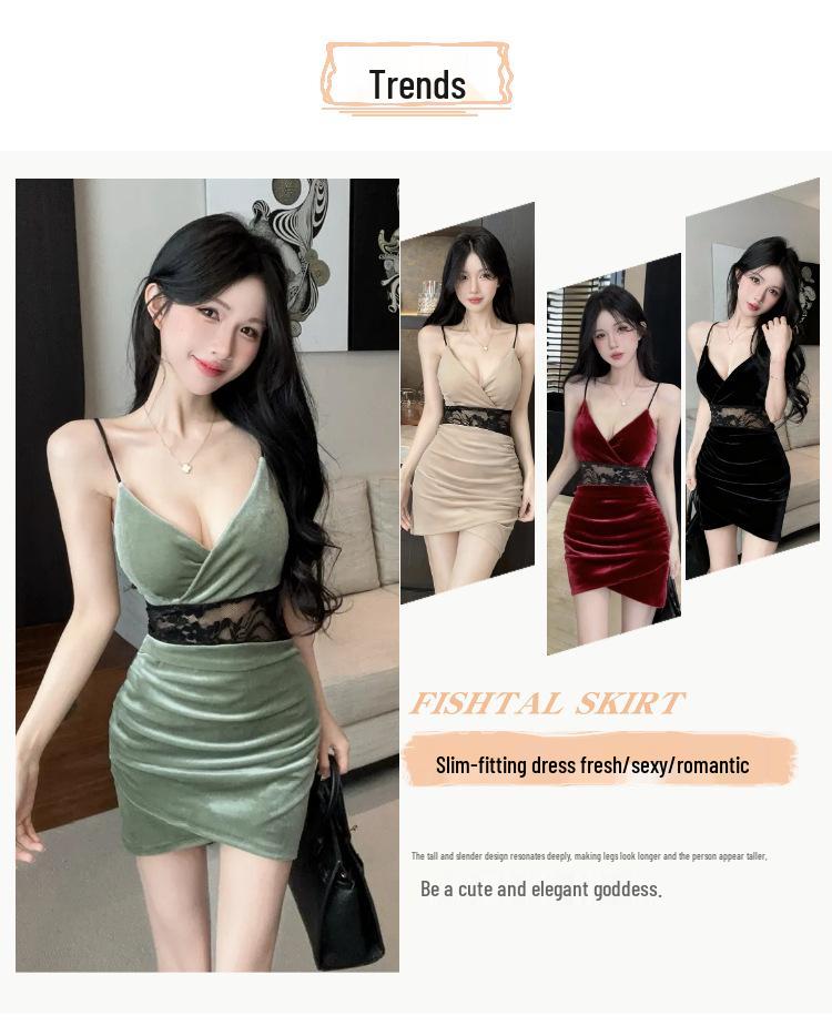 Velvet Spicy Girl Deep V Low-Cut Camisole Dress with Chest Pads - Irregular Hem, Waist-Cinching, Slim-Fit, Hip-Hugging Design