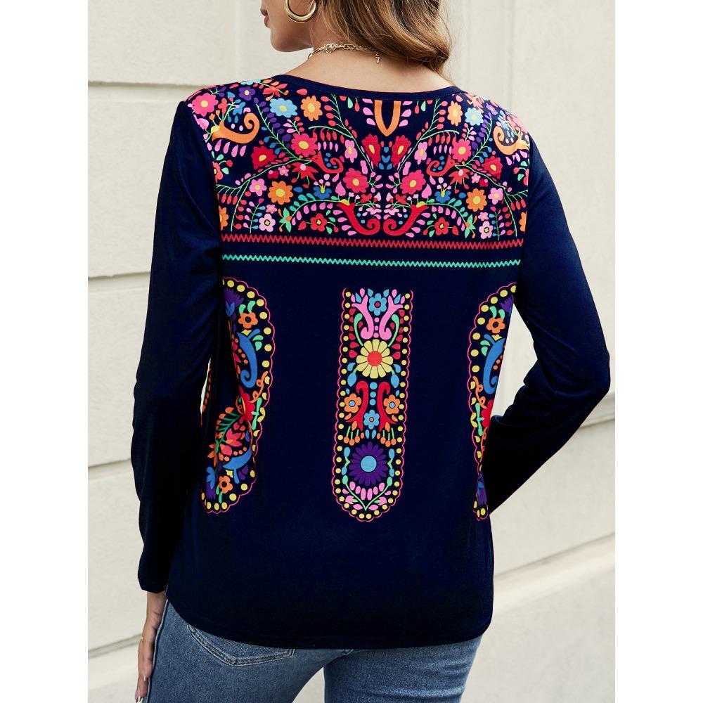 Spring Autumn Women's T-shirt Bohemian Print Long Sleeved T-shirt for Women Nation Print T-shirt Casual Pullover Plus Size Women Clothing