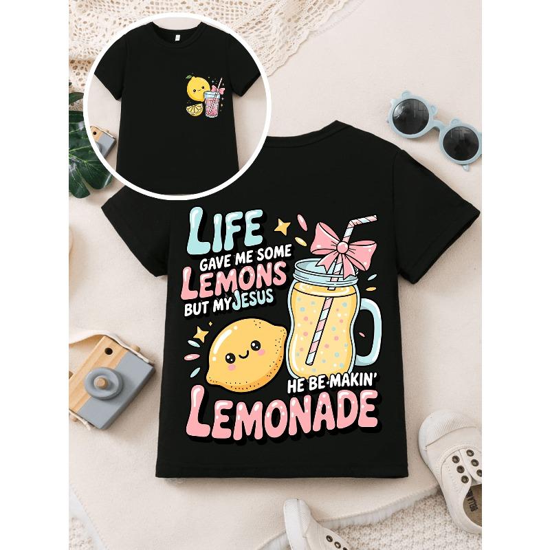 European sizes Double-Sided Printed Kids Short Sleeve T-Shirt Cute Cartoon Lemon And Lemonade Print Tee Sweet Casual Girls Top