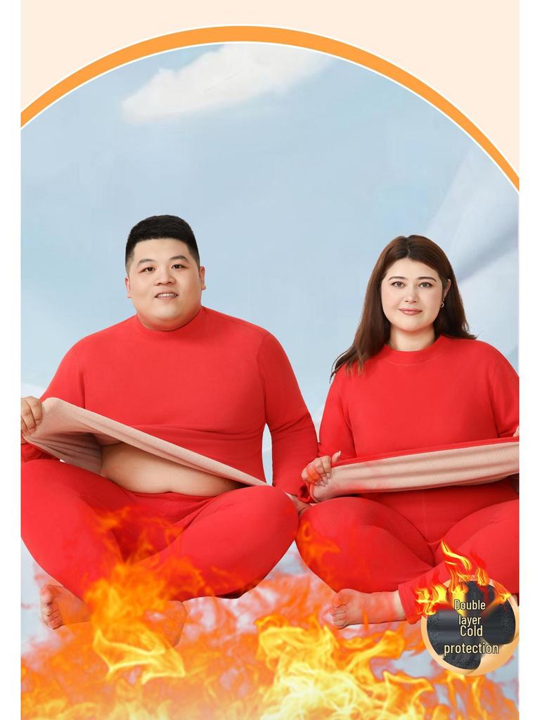 Unisex Plus Size Thermal Underwear Set with Thickened Velvet and Lambskin, Round Neck, for Autumn and Winter