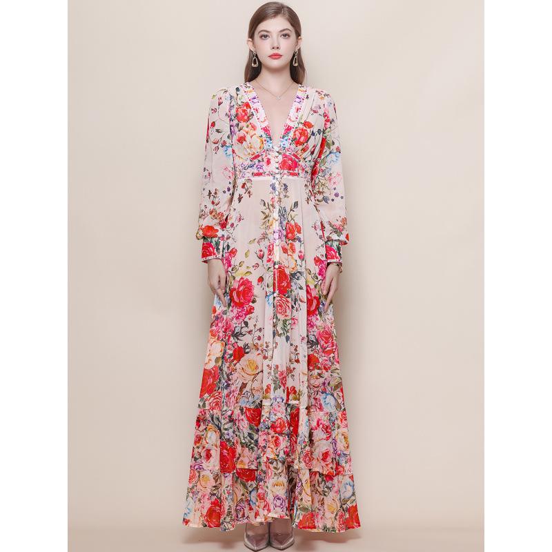 Damen Retro Hofstil V-Ausschnitt Kleid mit Schnürung an der Taille, Laternenärmeln, Blumendruck und weitem Saum - Kollektion 2026