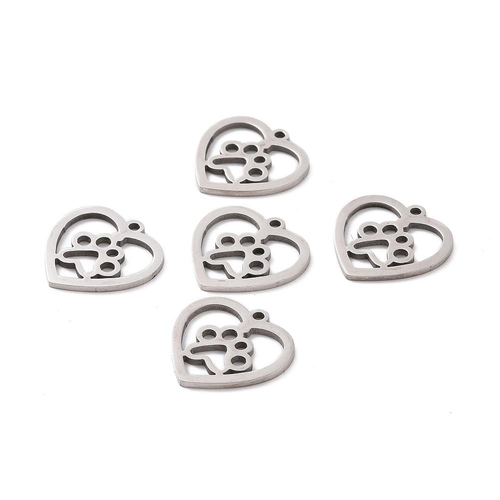 5pcs Non-Tarnish 201 Stainless Steel Pendants Heart with Dog Paw Prints Stainless Steel Color 15x15.5x1mm Hole: 1.2mm