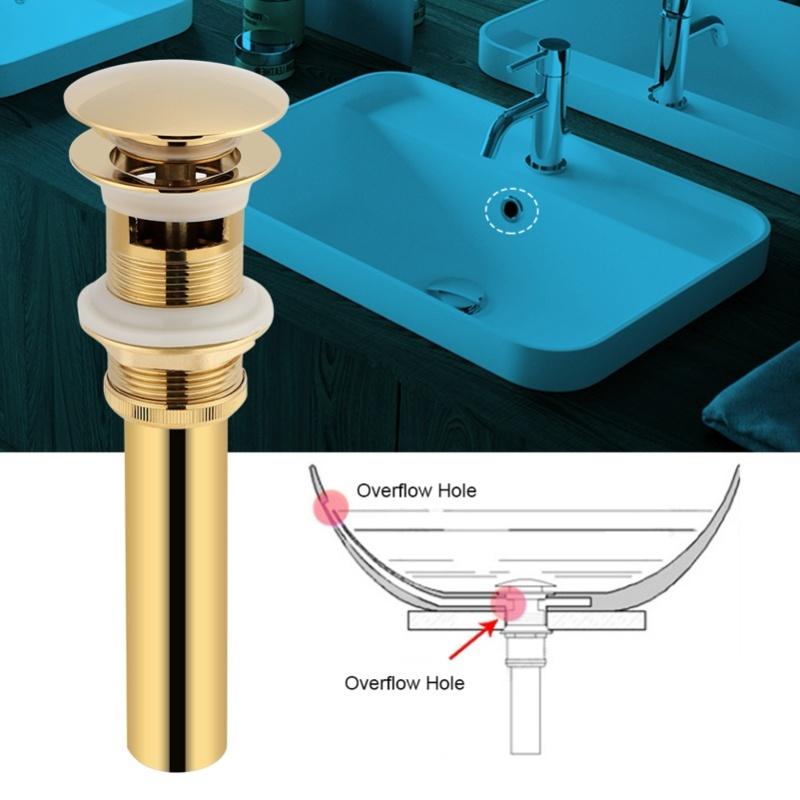Kitchen Bathroom Basin Sink Solid Brass Pop Up Drain Stopper With Overflow Hole Golden