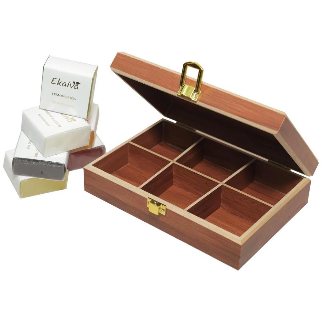 Luxury Bathing Bars Gift Set of 6 | Premium Handmade Soaps | Reddish Brown Wooden Box | Natural Moisturizing | 6 X 50 Gm)