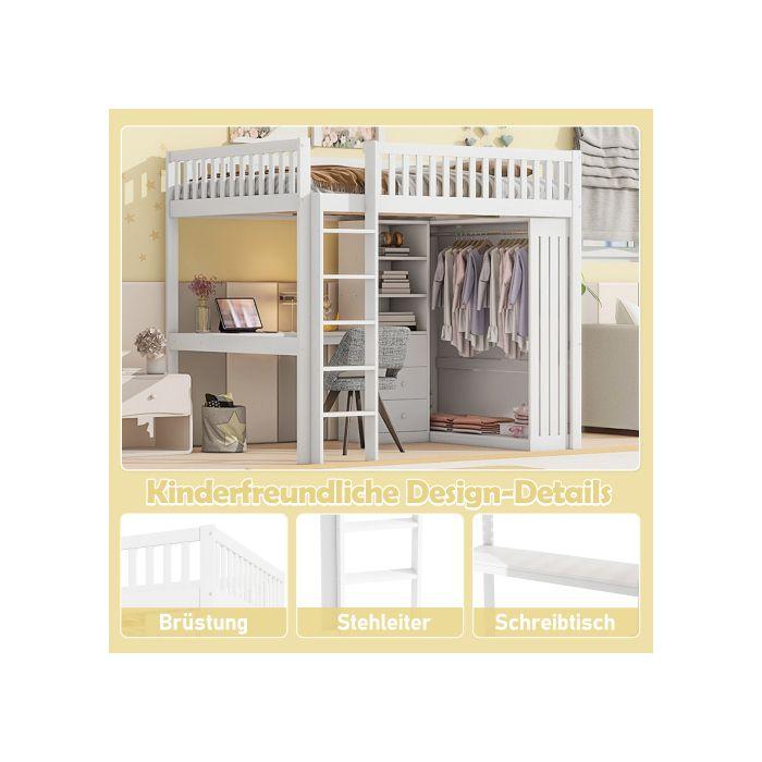Beleuchteter Mezzanin, 140*200cm , Schreibtisch, Kleiderschrank, 3 Schubladen, Offenes Regal, Geländer, Treppe, Ohne Matratze, Weiß
