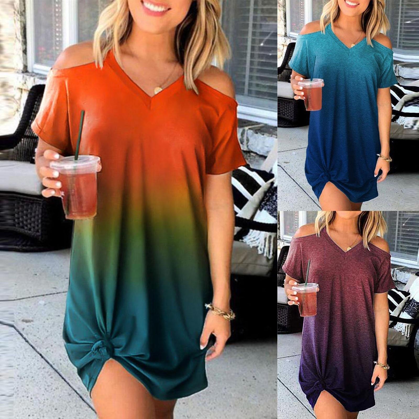 

Женское летнее платье с v-образным вырезом и градиентом цвета без бретелек с короткими рукавами