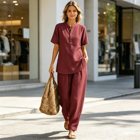Women's 2 Piece Linen Sets, Short Sleeve Button Up Top And Wide Leg Pants Matching Outfits, Summer Casual Lounge Sets with Pockets