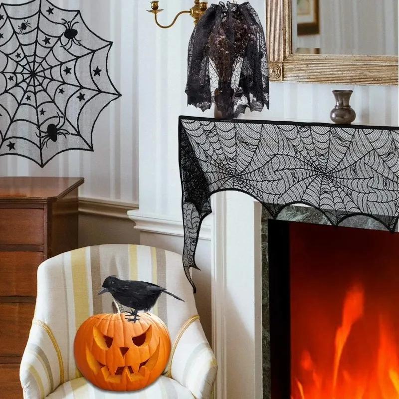 Spooky Black Lace Halloween Tablecloth Decorative Table Runner for Mantel Dining Table Ghost Party Home Indoor Decoration Prop