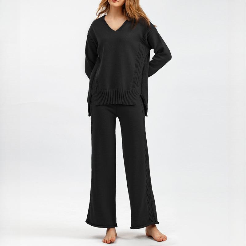 Laid-back Loose Pullover Sweater Set for Women's Autumn and Winter, Simple Wide-leg Pants, Stylish Knitted V-neck Two Sets