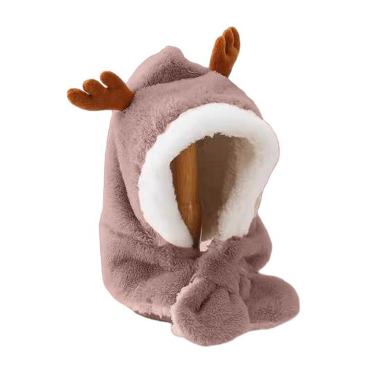 Yousheng Baby Hat Winter Warm Thickened Plush Antler Design Windproof Temperature-Locking Soft Baby Outdoor Cap with Scarf Design