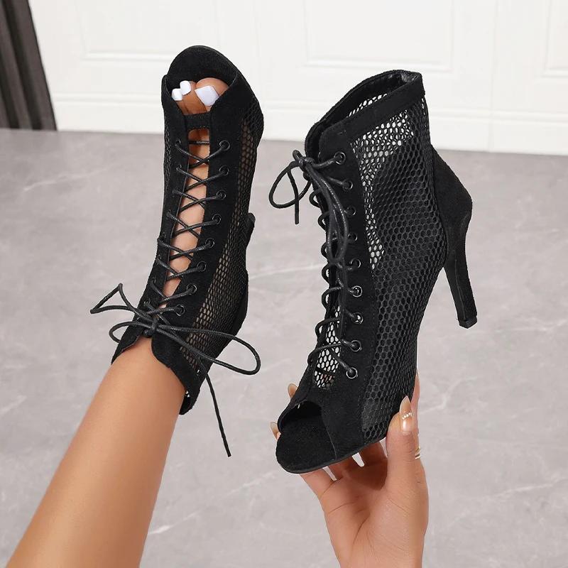 Fashion New Women Fashion Show Net Fabric Cross Strap Sexy High Heel Sandals Woman Shoes Pumps Lace-up Peep Toe Sandals Casual Mesh
