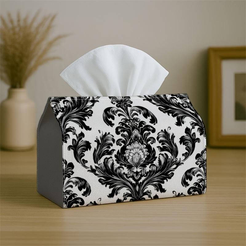 1pc of a Classic Baroque-Style Tissue Box Cover in a Black And White Damask Floral Design, Made from High-Quality, Waterproof, And Durable Materials.