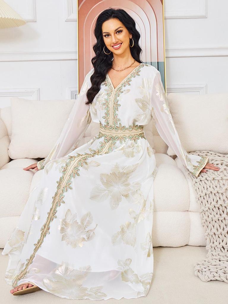 Women's Dubai Evening Long Dress with Hot Stamping - European & American Fashion Muslim Travel Wear