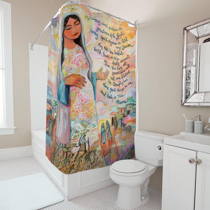 Artistic Shower Curtain Featuring A Colorful Depiction Of Mary With Jesus In Her Womb And Biblical Scenes Perfect For Adding A T