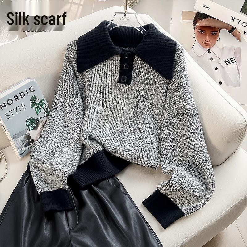 

Sibaishe Women s Color-block Loose-Fit Lapel Sweater L