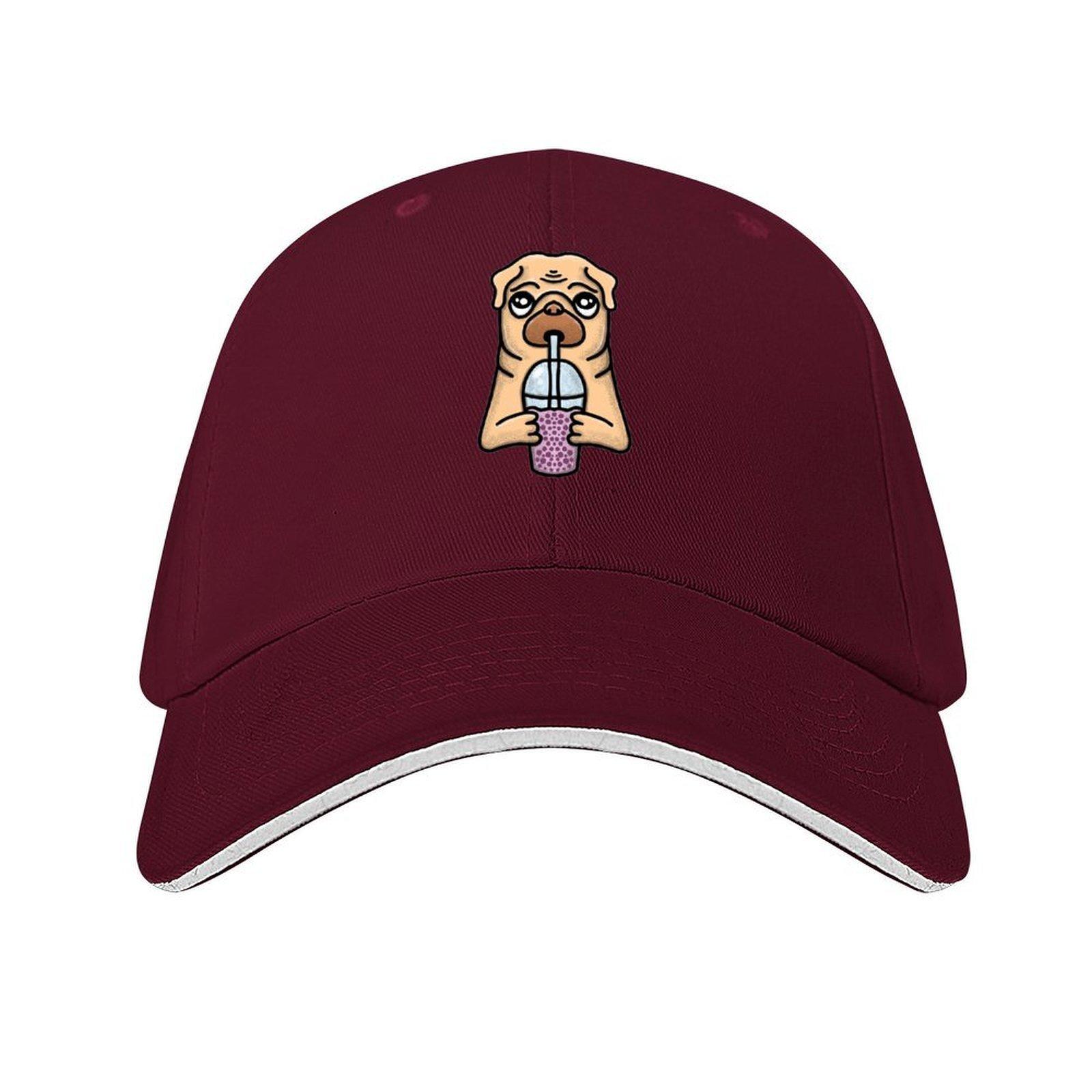 

Pug dog drinking bubble tea Baseball Cap fishing caps Unisex Hat Luxury Brand Rugby cute Sun Hats For Women Unisexs