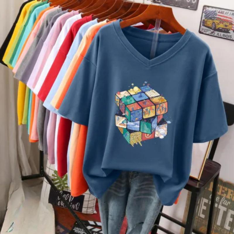 Short-sleeved T-shirt for Women, Large Size, Loose and Slimming, Printed V-neck Top
