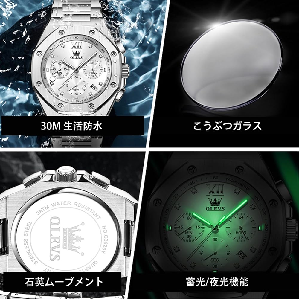 Olevs Octagonal Men's Watch Silver Waterproof Analog Quartz Stainless Steel Dress Watch with Large Dial