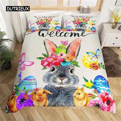 Easter Rabbit Duvet Cover Easter Bedding Set Floral Cute Rabbit Pet Queen Size Kawaii Presents Easter Day Gifts for Toddlers