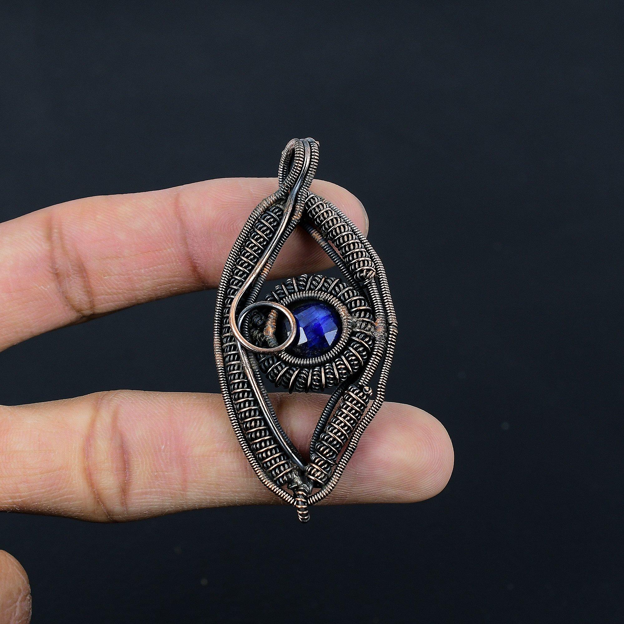 

Blue Sapphire Pendant, Handmade Gemstone Eye Pendant, 999 Copper Wire Wrapped Pendant Antique Jewelry, For Engagement Gift 2.55 Inches