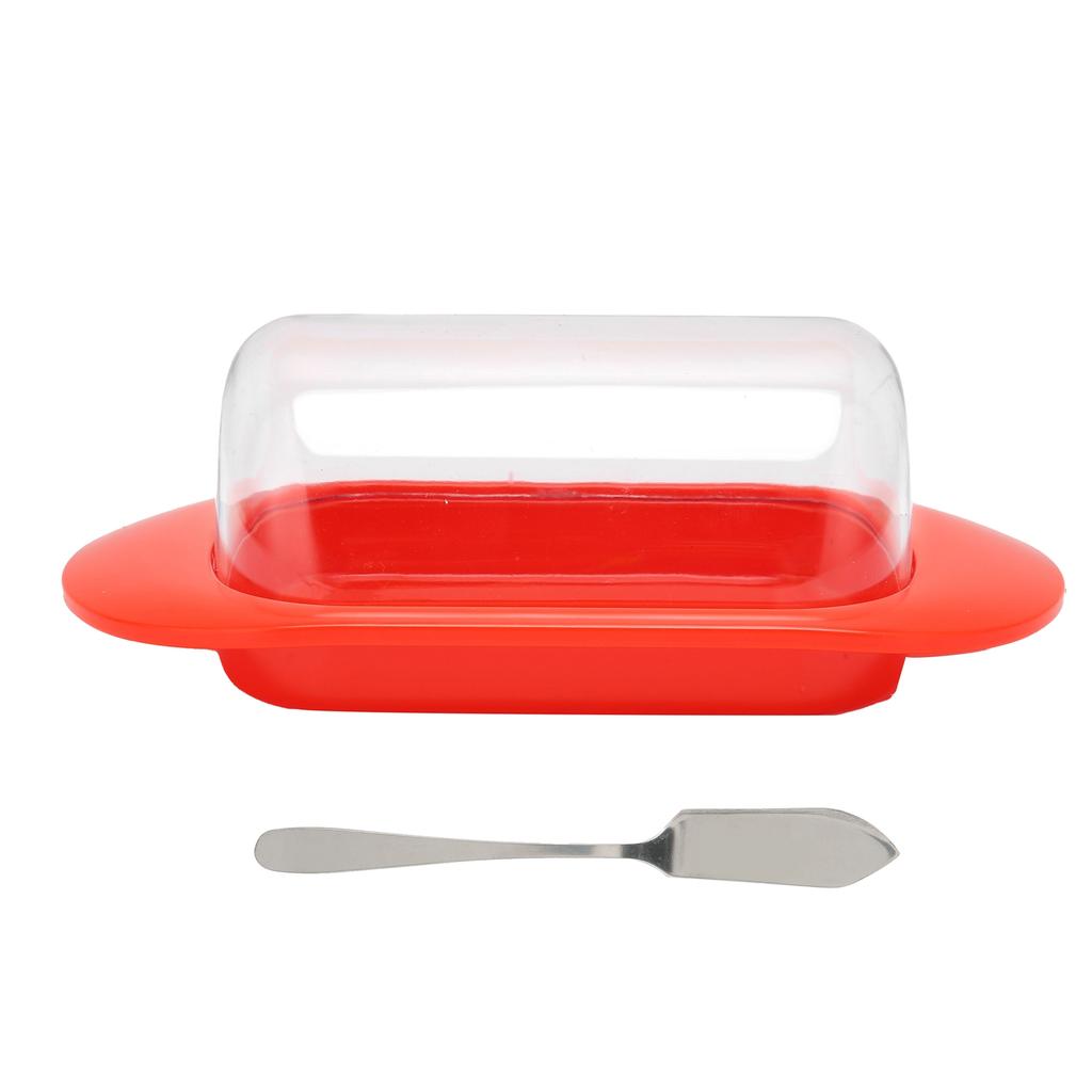 Round Edge Plastic Butter Storage Box Cheese Dessert Bread Container with Transparent Lid KnifeRed