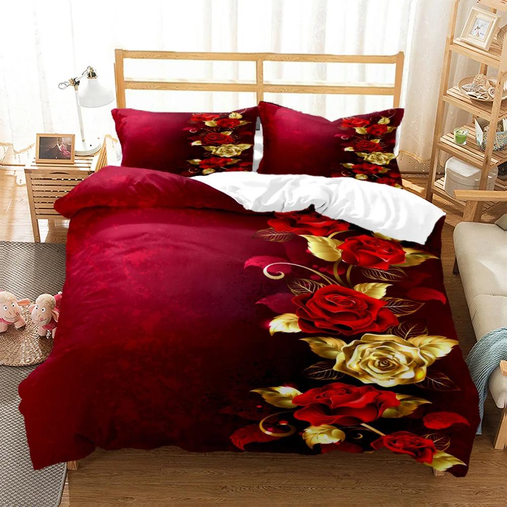 Rose Floral Duvet Cover Set Twin King Size Romantic Flowers Bedding Set Microfiber Comforter Cover For Valentine's Day Wedding