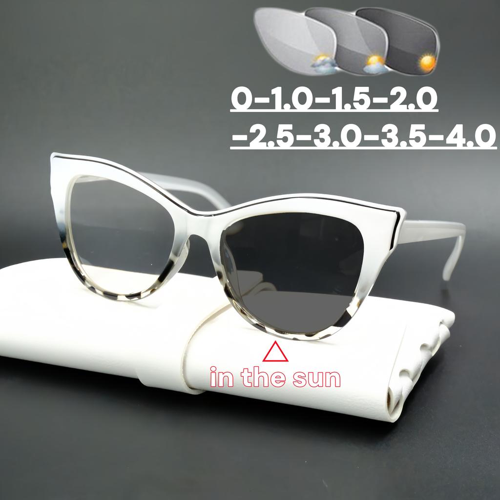 Stylish Photochromic Myopia Glasses Women's Fashion Cat Eye Color Changing Eyeglasses Anti Blue Light Minus Sight  Eyewear -4.0