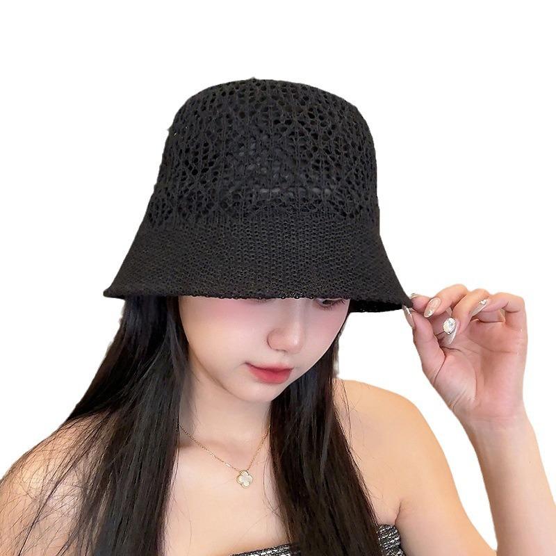 Striped Straw Woven Hollow Fisherman Hat for Women Korean Style Wide Brim Cover Face Sun Protection Hat for Spring and Summer Travel UV Bucket Hat