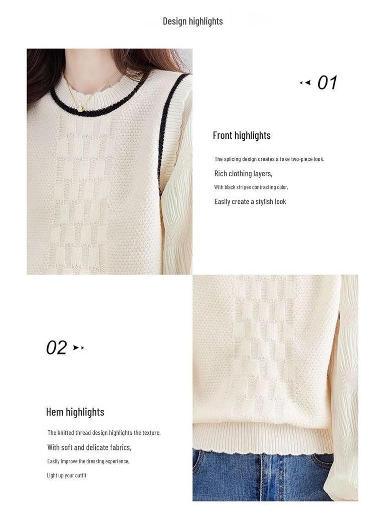 French Retro College Style Long-Sleeve Round Neck Spliced Two-Piece Shirt for Women