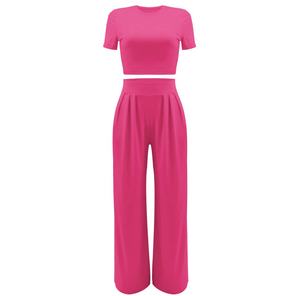 Crop Top & High Waist Loose Straight Leg Pants Set – Solid Color