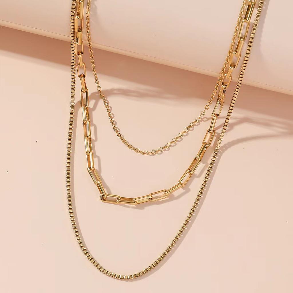 Vintage Gold Plated Paperclip Box Chain Layered Stainless Steel Triple Layer Necklace Waterproof Party Gift NEW