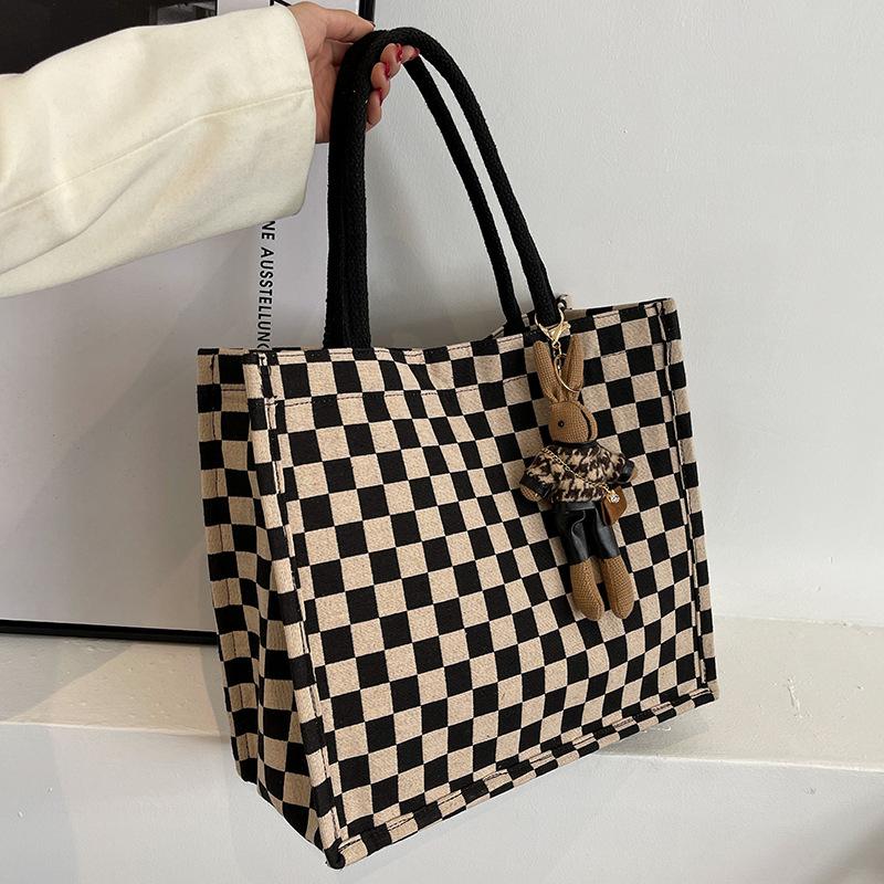 Large Capacity Checkerboard Handbag Bag for Women New Versatile Ins Student Commuting Canvas One Shoulder Tote Bag