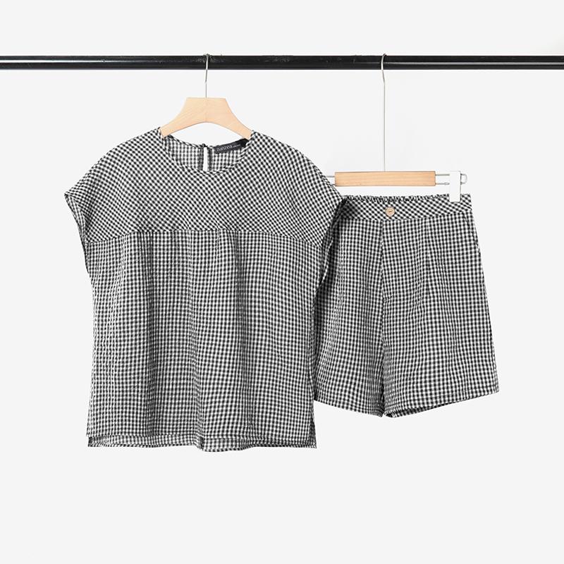 

ZANZEA Women Short Sleeve Blouse and Shorts Casual Plaid Print Two Piece Sets 4XL