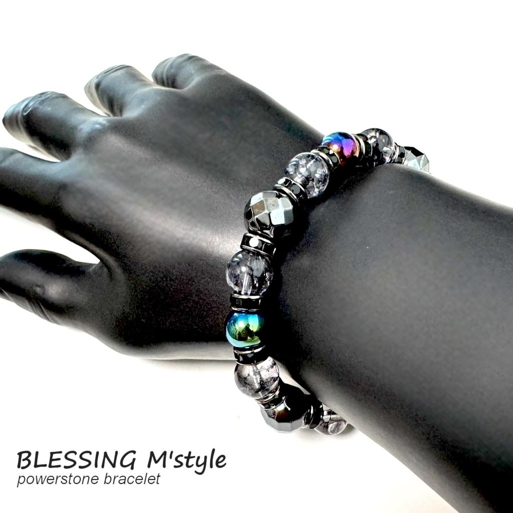 Power Stone Natural Stone Bracelet with Onyx Rainbow Black Crack and Hematite for Protection and Good Includes a Luxury Drawstring Bag with Brand Logo