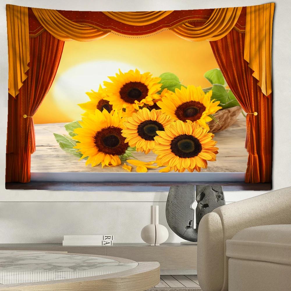 Sunflower Landscape Window Tapestry Wall Hanging Natural Minimalist Art Bohemian Hippie Living Room Bedroom Home Decor