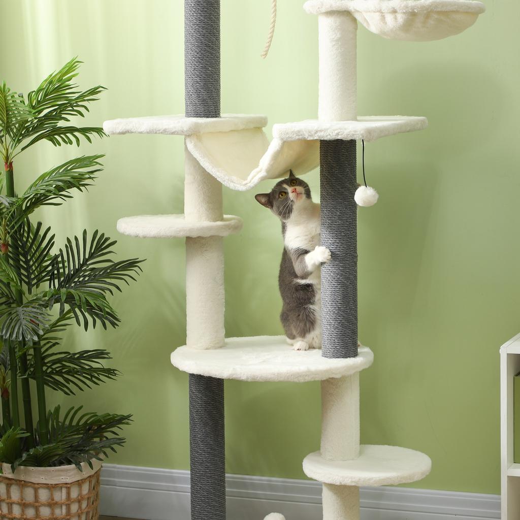 Cat Tree, Ceiling-High, Adjustable 225-255 cm, Platforms & Hammocks, Anti-Tip Safety, White