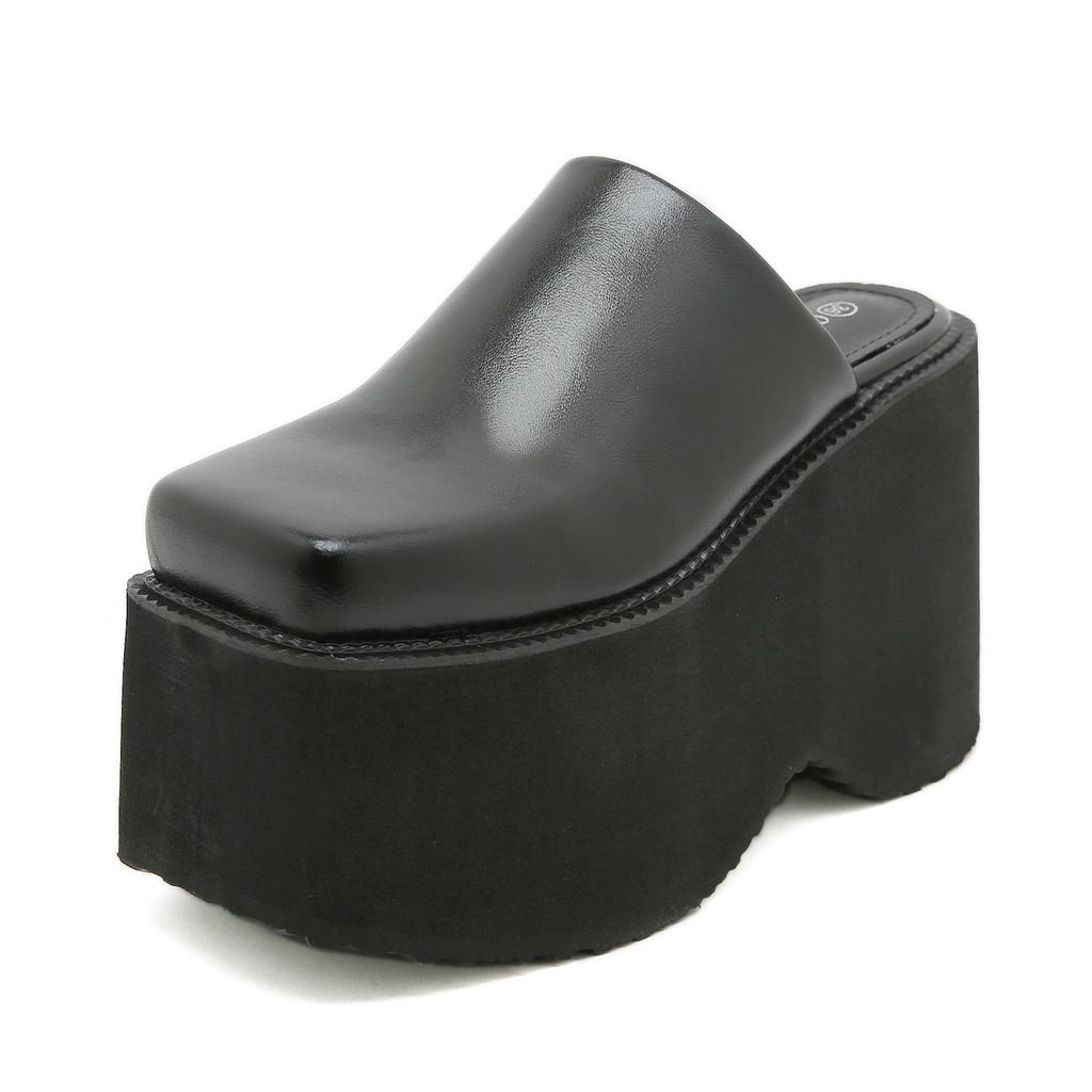 Gdgydh Moda Sandali a Zeppa con Punta Quadrata Mocassini Slip-On Neri Tacchi Spessi Calzature Estive Comode per Donna Pantofole