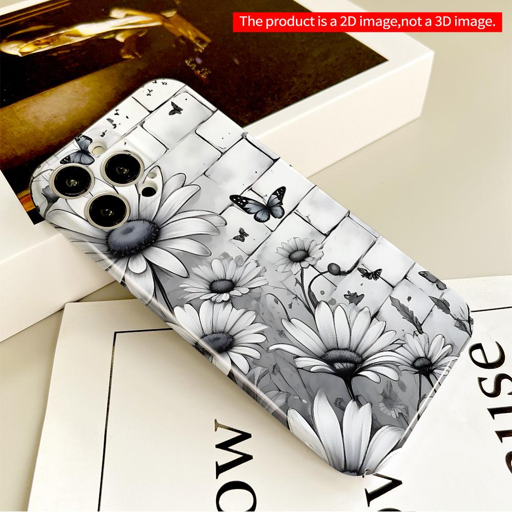 Black & White Daisies and Butterflies Brick Wall Phone Case All Inclusive Film Hard Phone Case, Compatible with iPhone 18 Pro Max 17 16 15 14 13 12 11