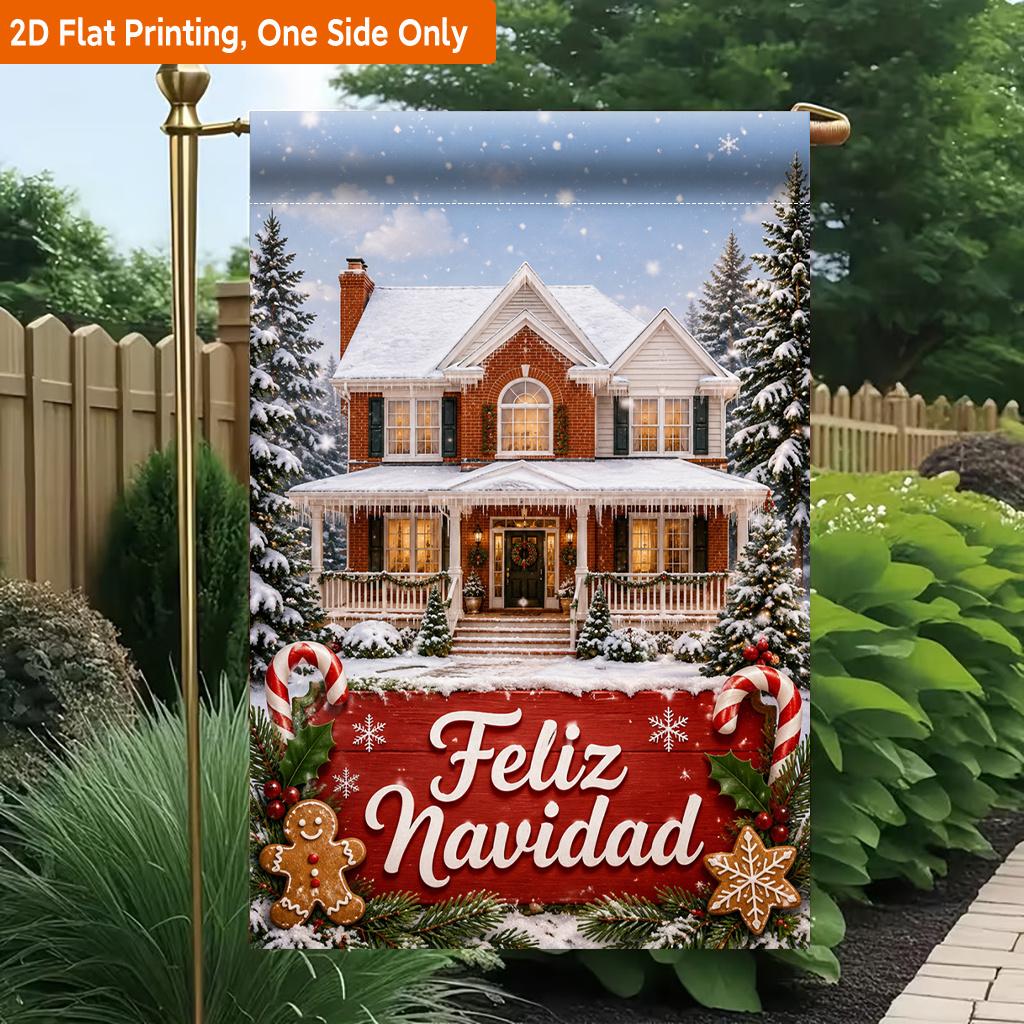 2D Flat, 2D Flat Printing Garden Flag 1pc, Winter House Christmas Theme Durable Single-Sided Print Yard Flag, Garden & Home Holiday Decoration, 29.97x