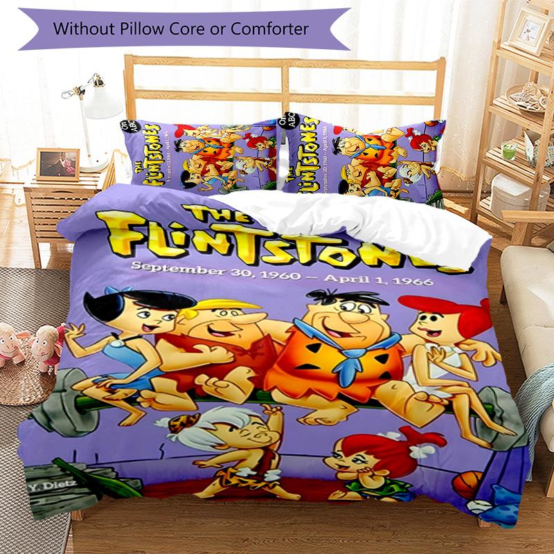 Flintstones 3pcs Bedding Set Duvet Cover Closure Includes 1 Duvet Cover & 2 Pillowcases for All Seasons Bedroom Home Dorm Decor