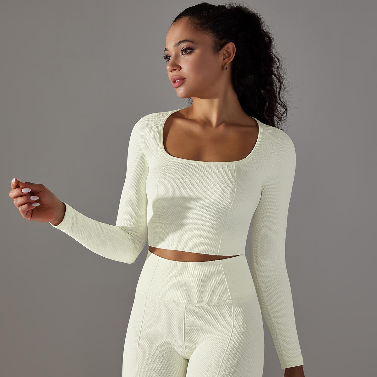 Seamless solid color dot striped T-shirt high elastic low neck belly shaping yoga clothes long sleeve top women S