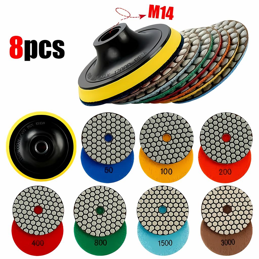 4inch 8pcs Diamond Polishing Pad Set, Dry Sanding Disc for Granite, Marble, Microcrystalline Glass, Countertops, Concrete