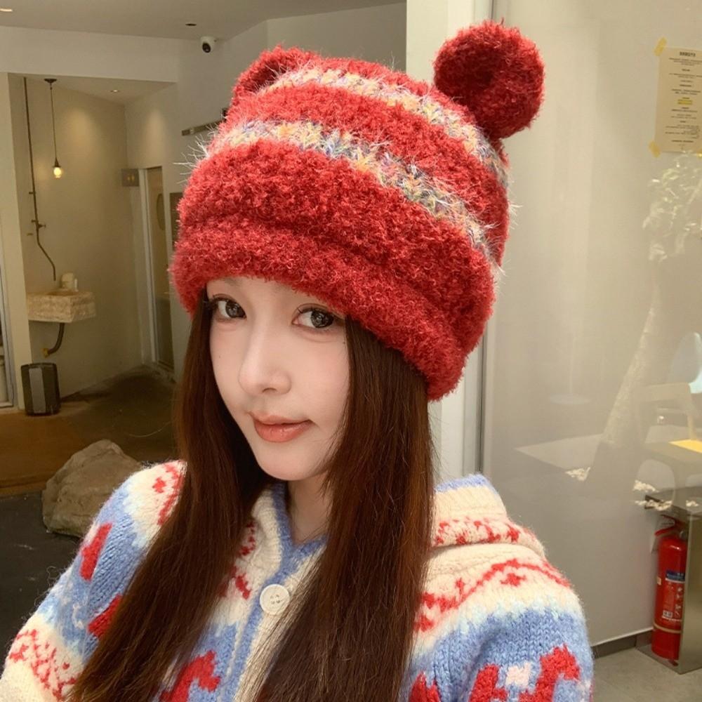 Ear Protection Fuzzy Knitted Beanie Polyester Warm Winter Hat Bear Ear Earflap Beanie Korean Style