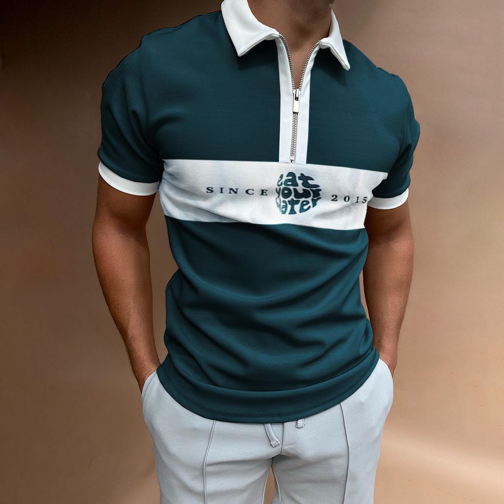 2022 new independent station supply 3D printing lapel short-sleeved pullover casual men's T-shirt zipper POLO shirt