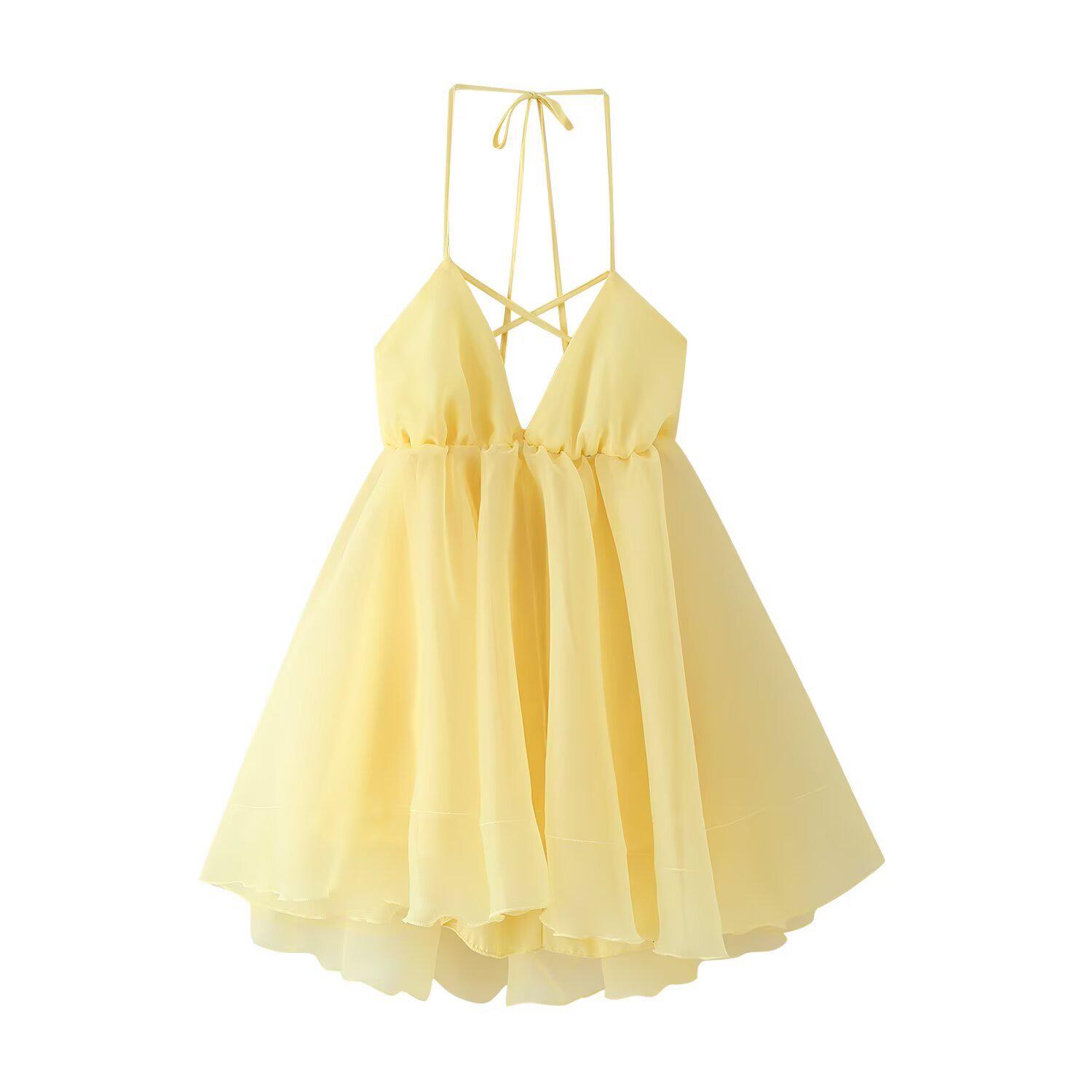 

Весна 2025 Женская мода Европейский и американский стиль Свежее короткое платье на бретелях Medium жёлтый