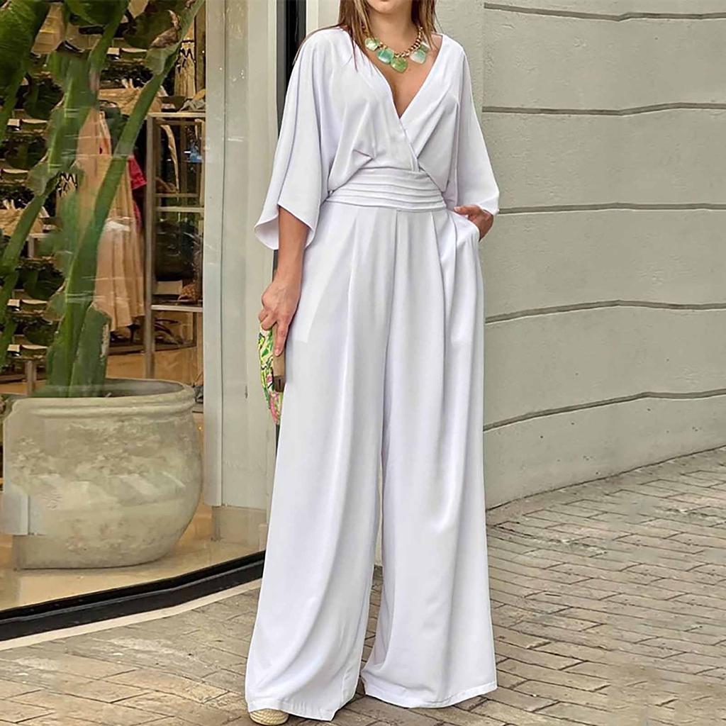 Mote dame ensfarget jumpsuit erme V-hals ryggløs midje løs vidde ben jumpsuit