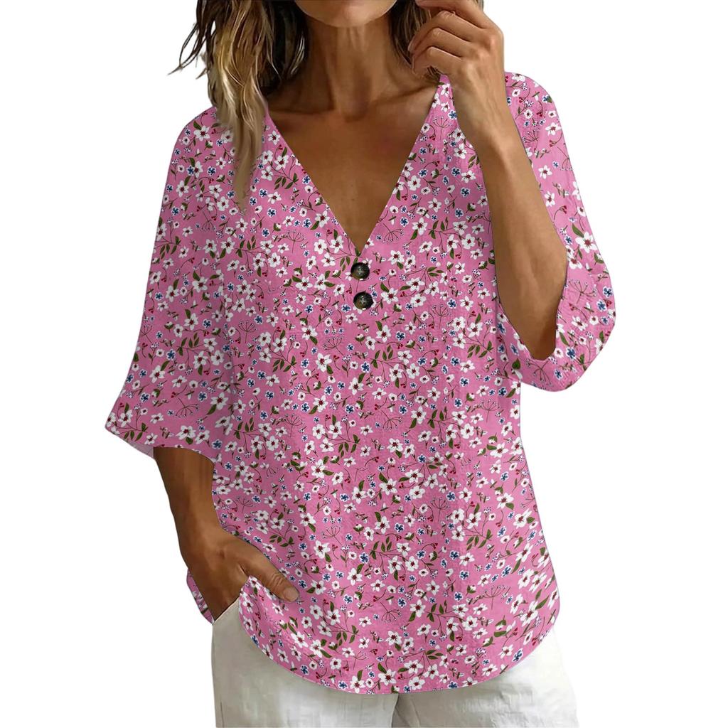 Women's Vintage Floral Print V Neck Loose Fit Short Sleeve T Shirt Made of Linen Blend Fabric Casual Lightweight Top for Everyday Wear