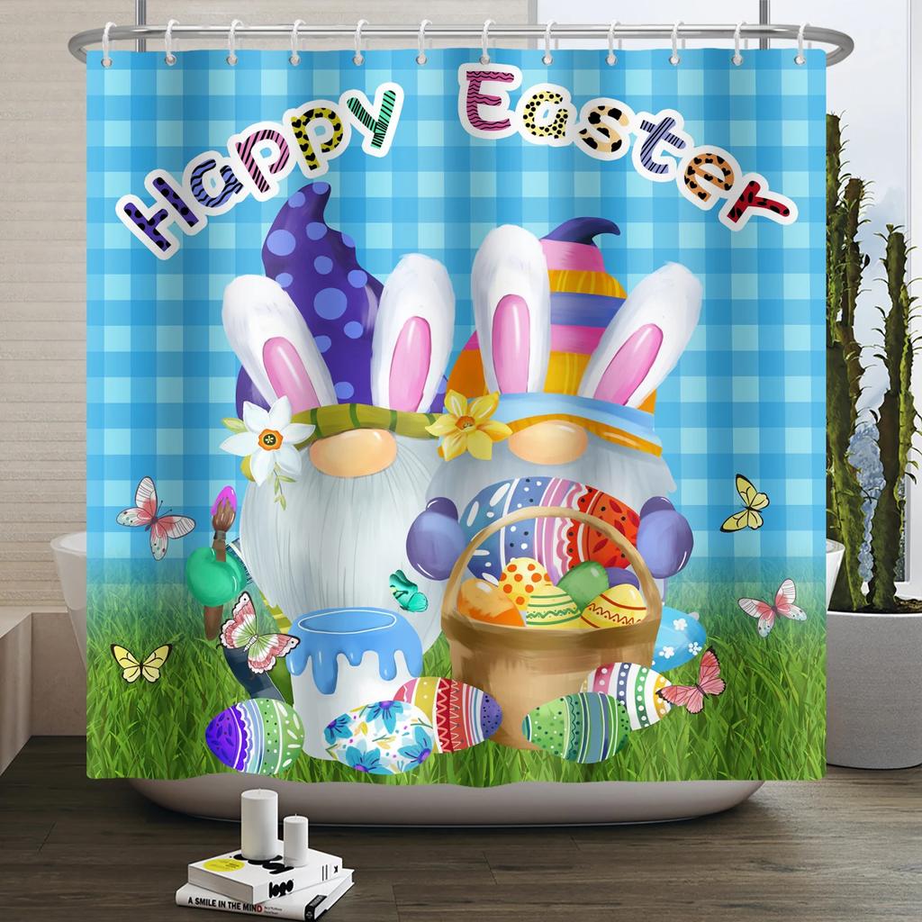 Spring Easter Shower Curtain Happy Rabbit Bunny Eggs Flower Garden Floral Holiday Waterproof Bathroom Shower Curtain With Hooks