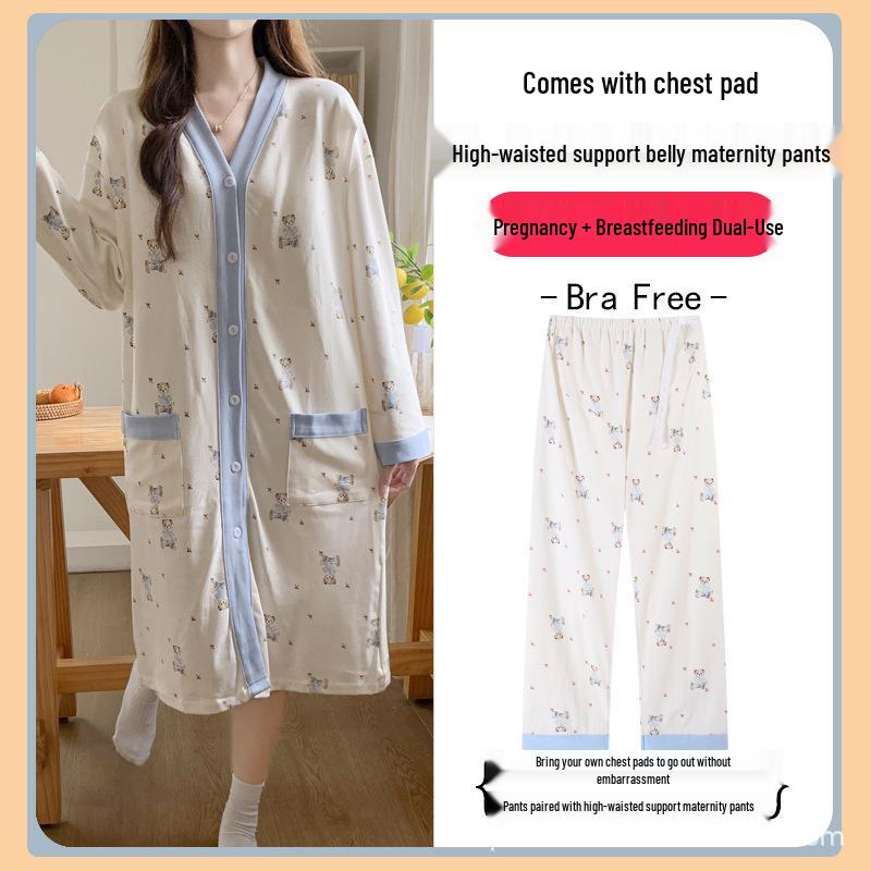Breathable Maternity Nightgown with Built-in Bra for Labor, Breastfeeding, & Postpartum - Spring & Autumn Style