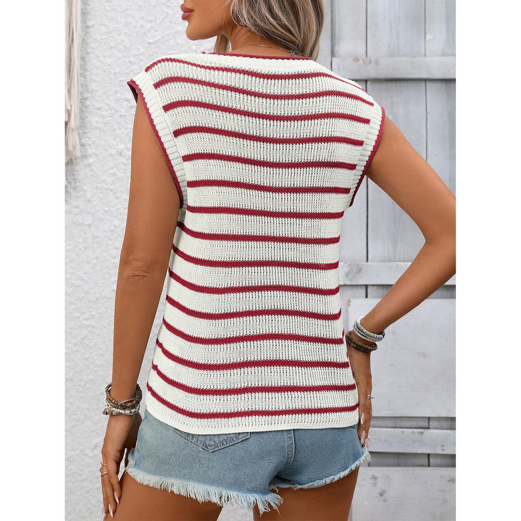Women's Fashion Striped Round Neck Sleeveless Loose Knit Vest Top